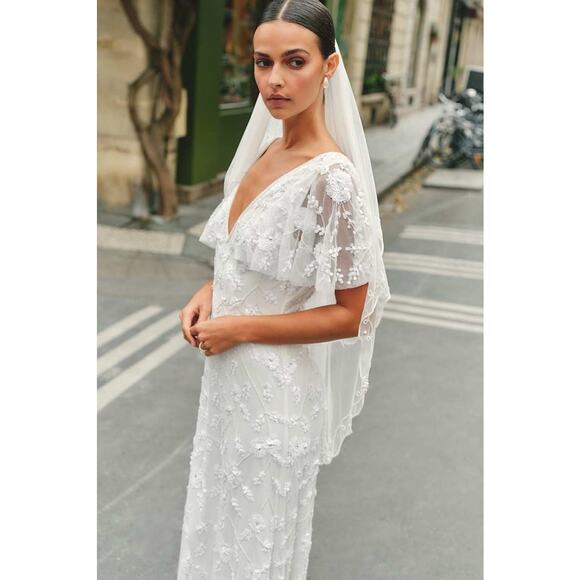 NWT Lulus Safiya White Sequin Flutter Sleeve Maxi Dress Wedding Bridal Bride S - Picture 1 of 14